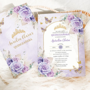 Invitación Boho Moda Pampas Purple Lilac Floral Quinceañera
