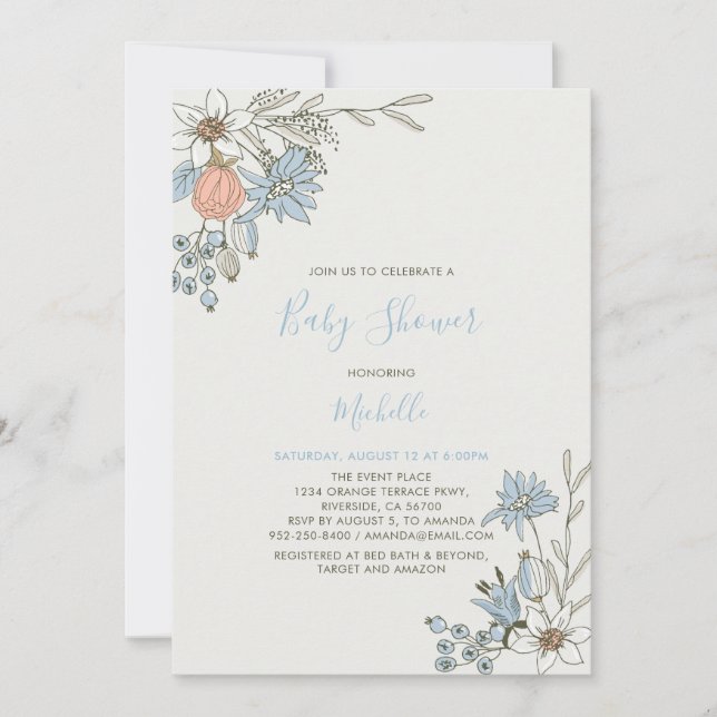 Invitación Boho moda Primavera Azul Floral Baby Shower (Anverso)
