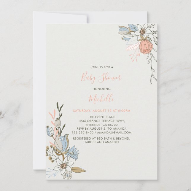 Invitación Boho moda Primavera Coral Floral rosa Baby Shower (Anverso)