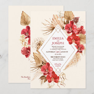 Invitación Boho moda rojo marco dorado y rojo otoño Orquídea 