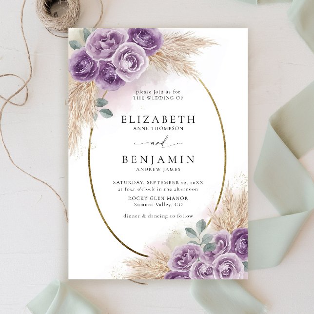 Invitación Boho Moda Rustic Purple Oval Oval Boda Elegante de (boho chic rustic purple wedding invitation watercolor elegant floral frame barn ranch garden)