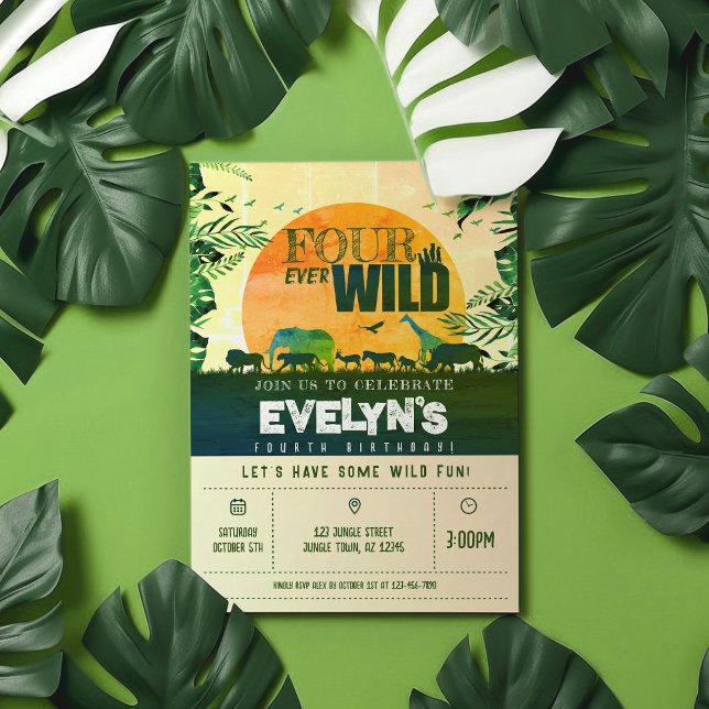 Invitación Boho Moda Safari Animales cuatro cumpleaños salvaj (Subido por el creador)