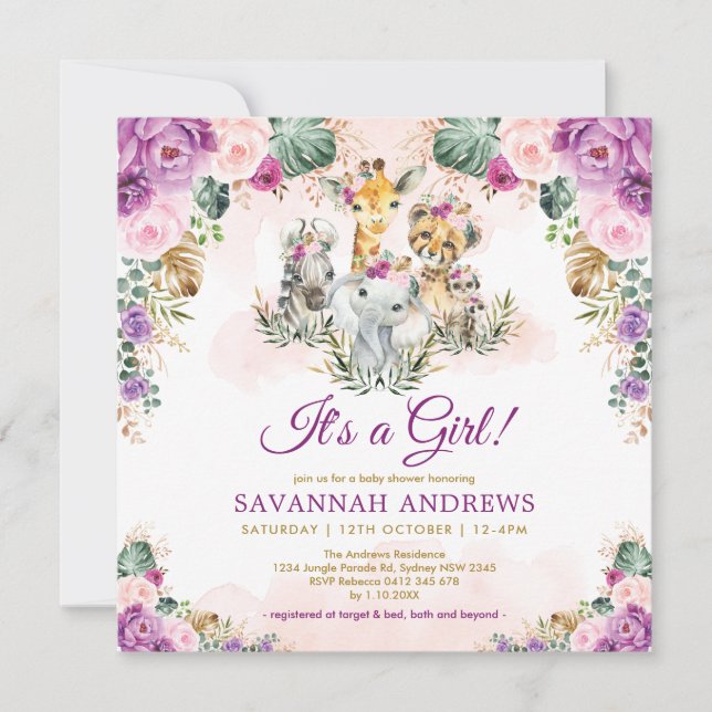 Invitación Boho Moda Safari Jungle Animales Chica Baby Shower (Anverso)