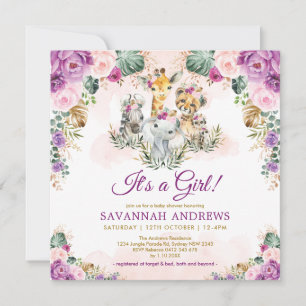 Invitación Boho Moda Safari Jungle Animales Chica Baby Shower