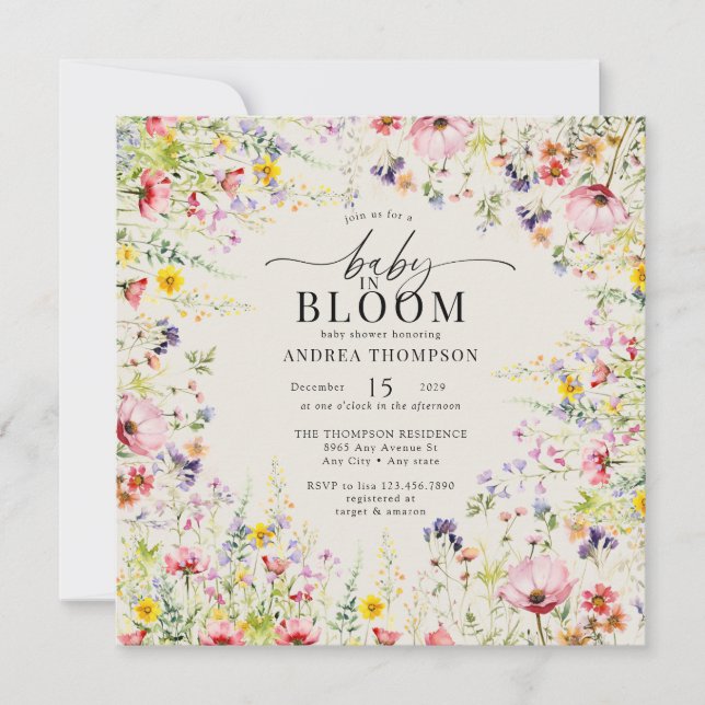 Invitación Boho Moda Wildflower Baby Shower | Bebé en flor (Anverso)