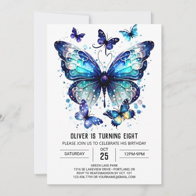 Invitación Boho Modern Butterfly Boy Cumpleaños (Anverso)