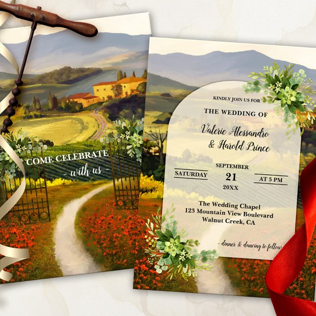 Invitación Boho Modern Italian Country Wedding (Modern romantic wedding invitation featuring an Italian landscape painting with watercolor flowers)