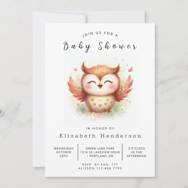 Invitación Boho Modern Owl Baby Shower (Anverso)