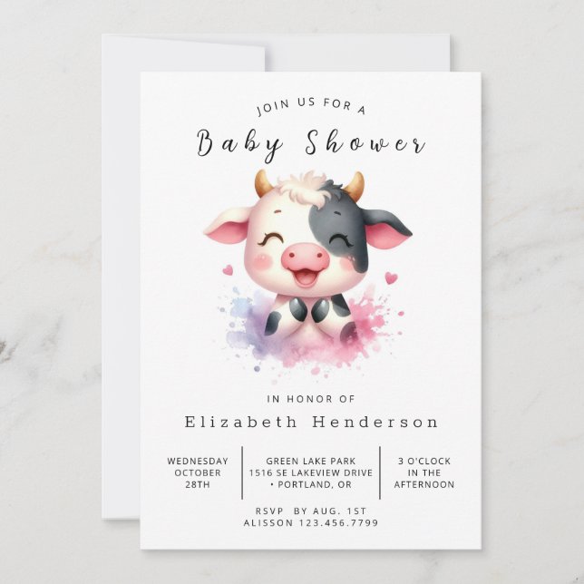 Invitación Boho Modern Rustic Cow Baby Shower (Anverso)