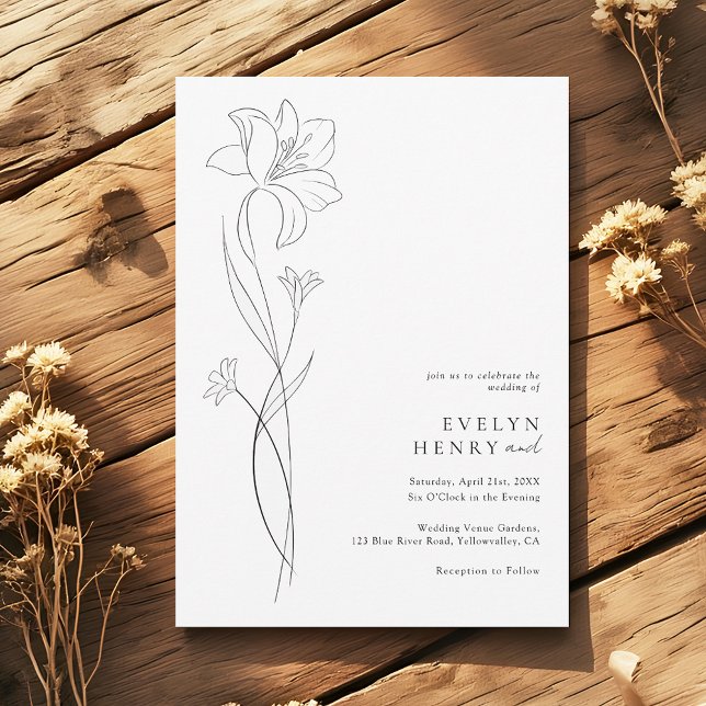 Invitación Boho Modern Wildflower Drawing Line Art Wedding (Subido por el creador)