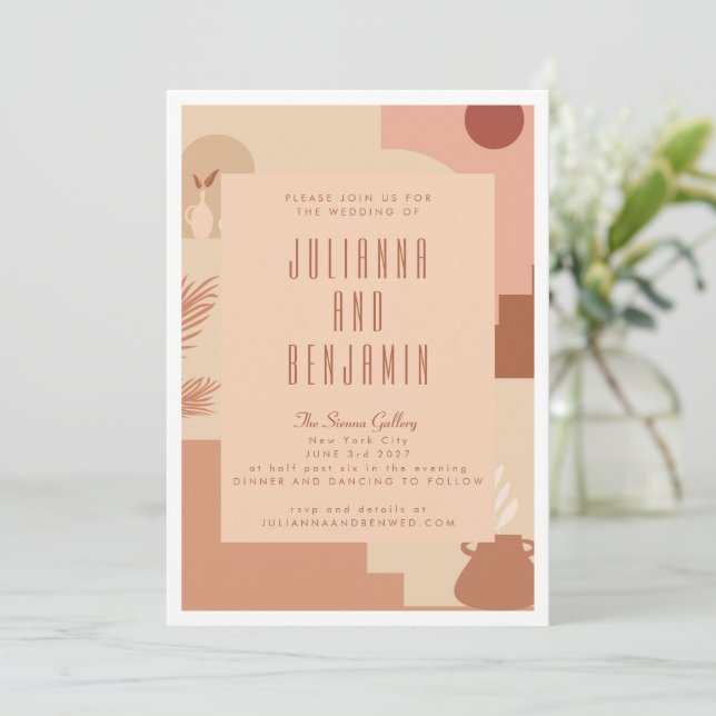 Invitación Boho Moderno Arte Floral Rubor Terracotta Boda (Anverso de pie)