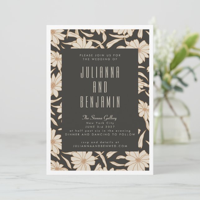 Invitación Boho Moderno Botánico Negro y Boda de Marfil (Anverso de pie)