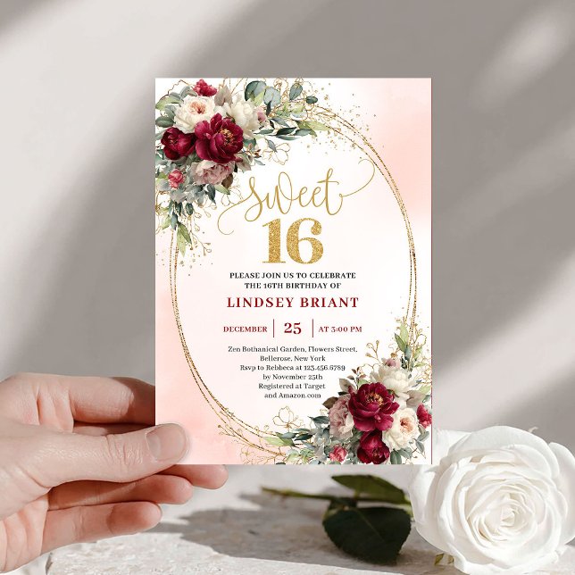 Invitación Boho Moderno Cumpleaños Dulces Dieciséis Floral Ma (Modern Boho Marsala Gold Floral Sweet Sixteen Invite)