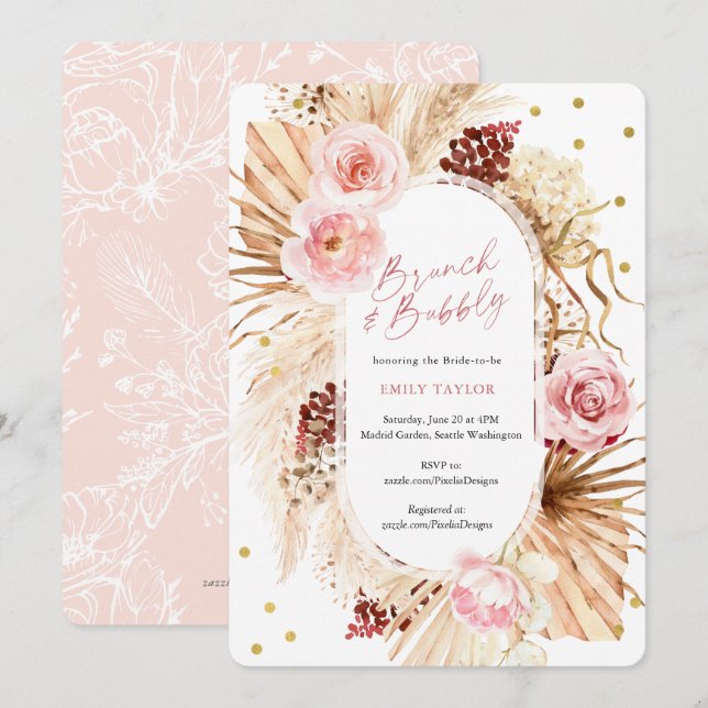 Invitación Boho moderno de brunch y bullicio novia floral ros (Anverso / Reverso)