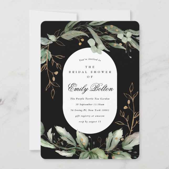 Invitación Boho Moderno Elegante Oro Eucalyptus Pampas Ducha (Anverso)