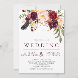 Invitación Boho moderno Feathers Marsala Boda Floral