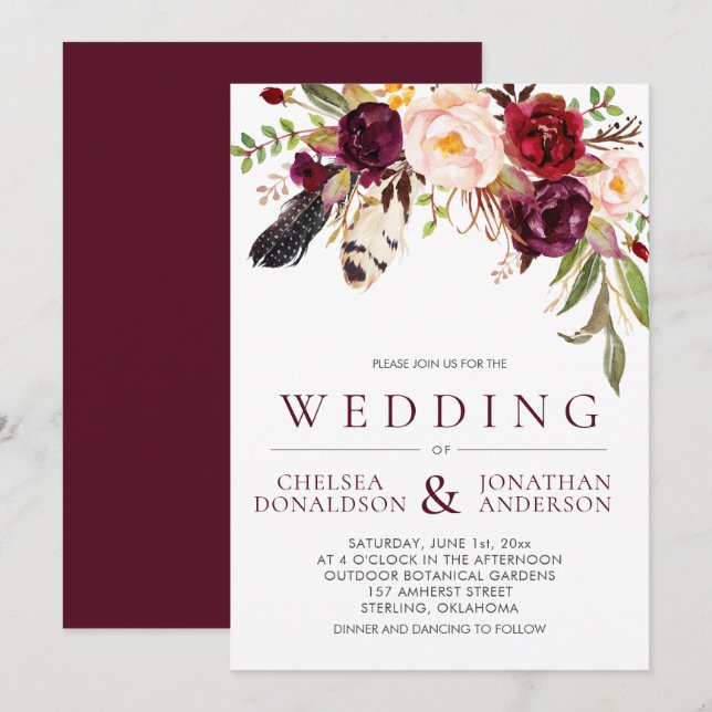 Invitación Boho moderno Feathers Marsala Boda Floral (Anverso / Reverso)