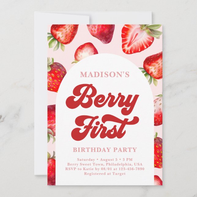 Invitación Boho moderno Fresa Berry Primer cumpleaños (Anverso)