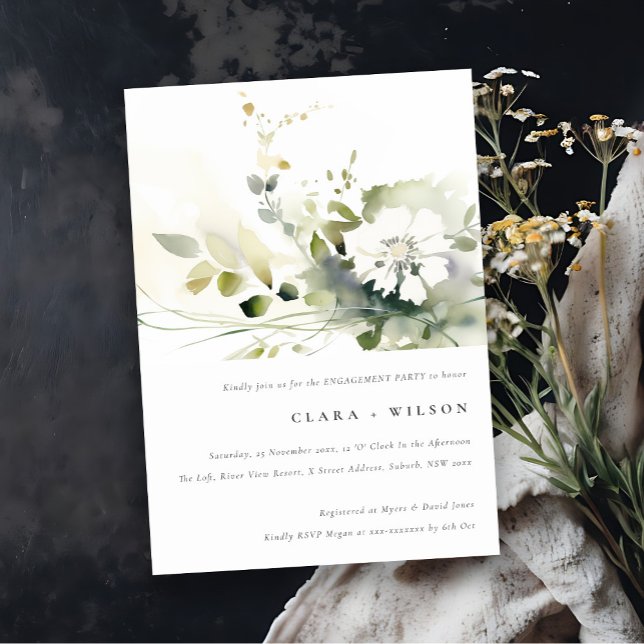 Invitación Boho moderno Resumen Compromiso Verde Floral Blanc (Subido por el creador)
