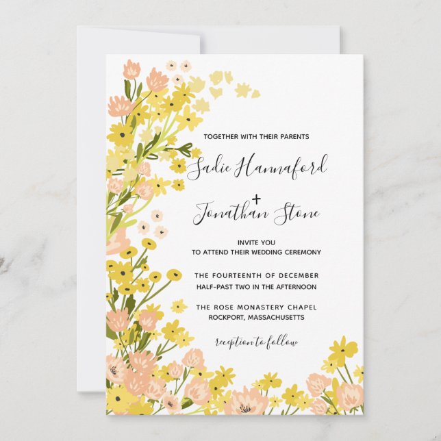 Invitación Boho moderno simple Boda amarillo de flores rosada (Anverso)