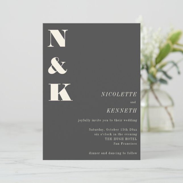 Invitación Boho Monogram Initials Charcoal Gray Photo Wedding (Anverso de pie)