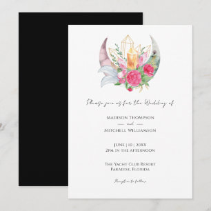 Invitación Boho Moon Cristales Plumas Flores Rosadas Boda