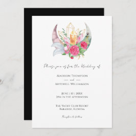 Invitación Boho Moon Crystals Feathers Pink Flowers Boda