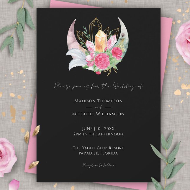 Invitación Boho Moon Crystals Feathers Pink Flowers Boda (Subido por el creador)