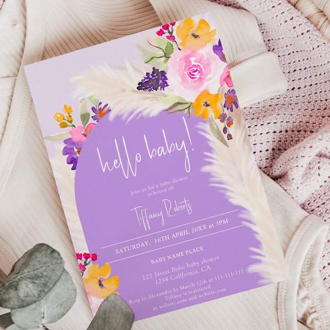 Invitación Boho morado arco floral chica hola bebé ducha (Subido por el creador)