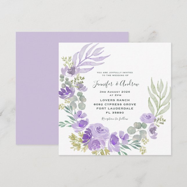 Invitación Boho Morado Floral y acuarela botánica (Anverso / Reverso)