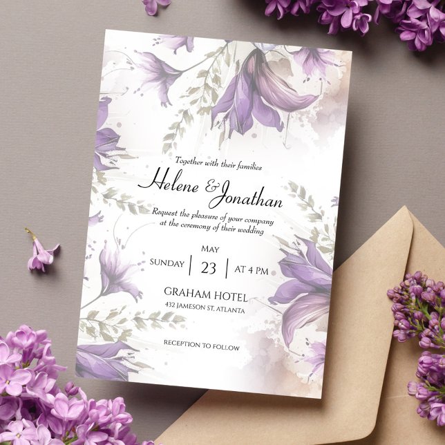 Invitación Boho Morado Pastel Moderno Boho Floral Elegante Bo (Purple Pastel Modern Boho Floral Elegant Wedding Invitation)