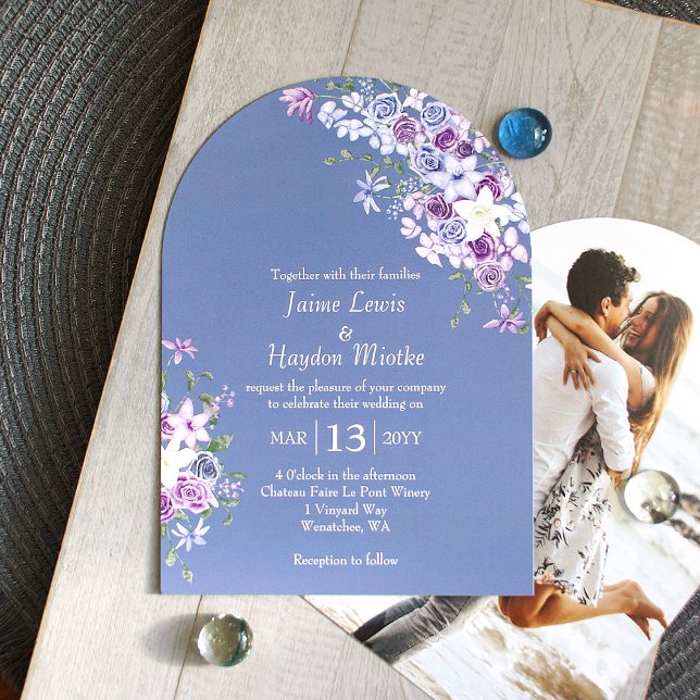 Invitación Boho morado y azul Rosa Boda Jardín (modern arched slate gray lavender lilac purple blue roses boho wedding invitations, blue-gray solid)
