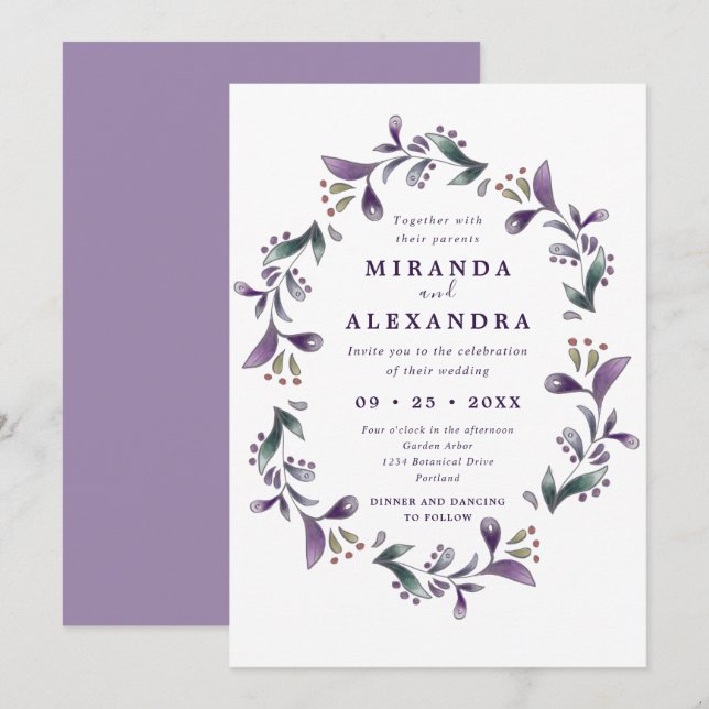 Invitación Boho morado y verde floral Primavera boda (Anverso / Reverso)