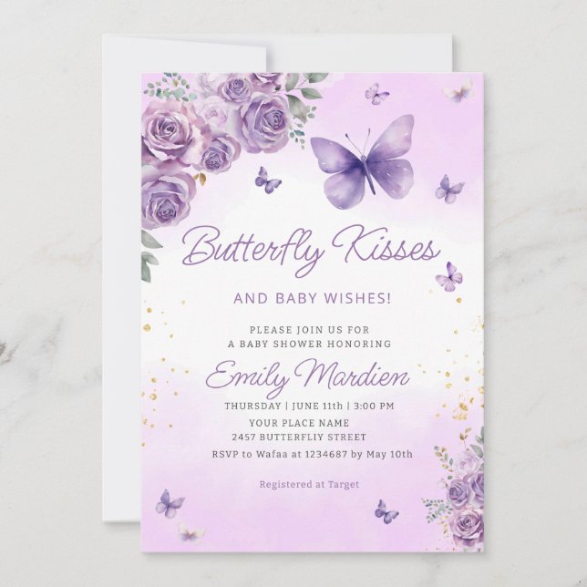 Invitación Boho Morple Butterfly Floral Baby Girl Baby Shower (Anverso)