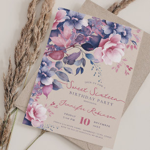 Invitación Boho Morple Floral Sweet 16 Cumpleaños Champagne