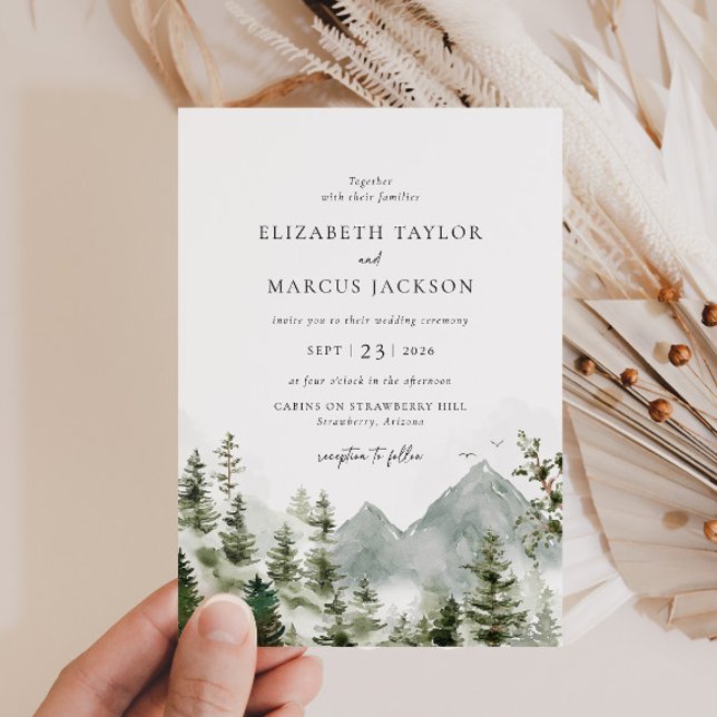 Invitación Boho Mountain Forest Evergreen Elegant Wedding (Front)