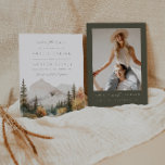 Invitación Boho Mountain Wedding Save The Date<br><div class="desc">Esta es una boda de montaña salvo la invitación de cita que incluye una hermosa escena de la montaña de la cascada de agua y un elegante emparejamiento de fuentes. Edite todas las palabras y todos los colores excepto el color de la escena de la montaña acuarela. // Para los...</div>