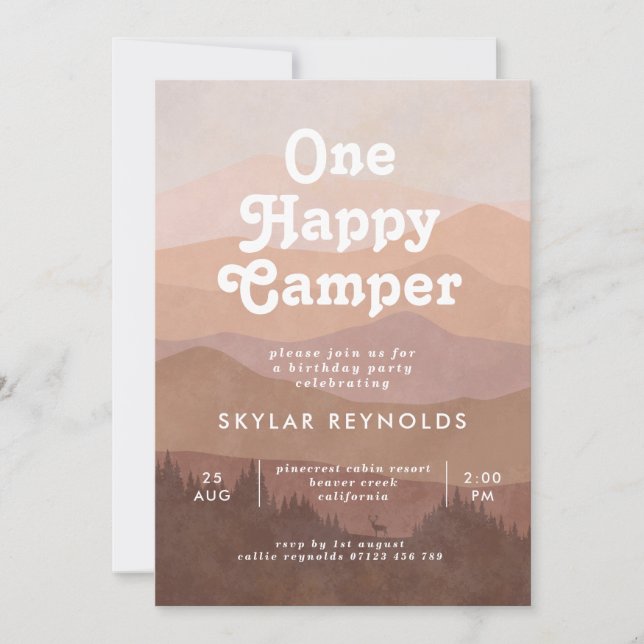 Invitación Boho Mountains One Happy Camper Chicas 1er cumplea (Anverso)