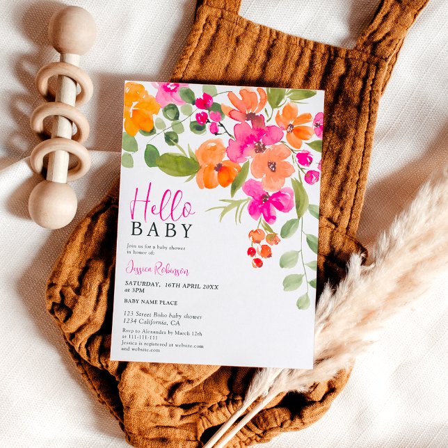 Invitación Boho naranja acuarela floral hola ducha bebé (Boho orange floral watercolor hello baby shower invitation)