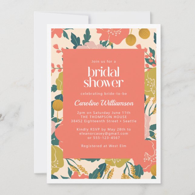 Invitación Boho Naranja Amarillo Flores Botánicas Ducha de No (Anverso)