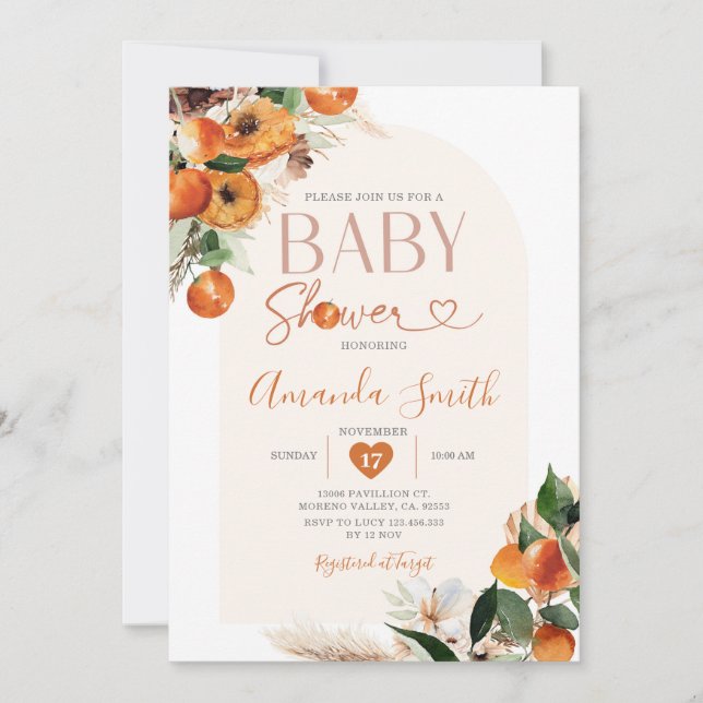 Invitación Boho Naranja Baby Shower Summer Tropical Floral (Anverso)