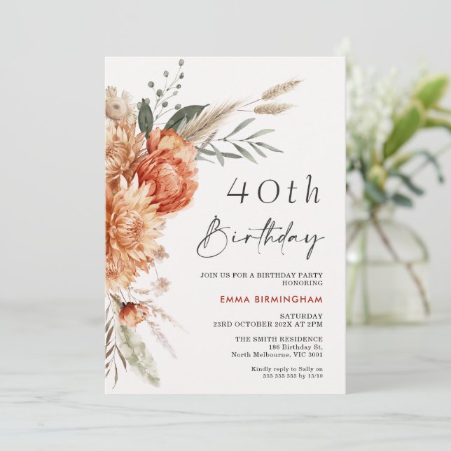 Invitación Boho Naranja Beige Floral 40 cumpleaños (Anverso de pie)