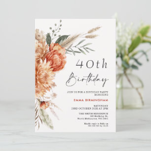 Invitación Boho Naranja Beige Floral 40 cumpleaños