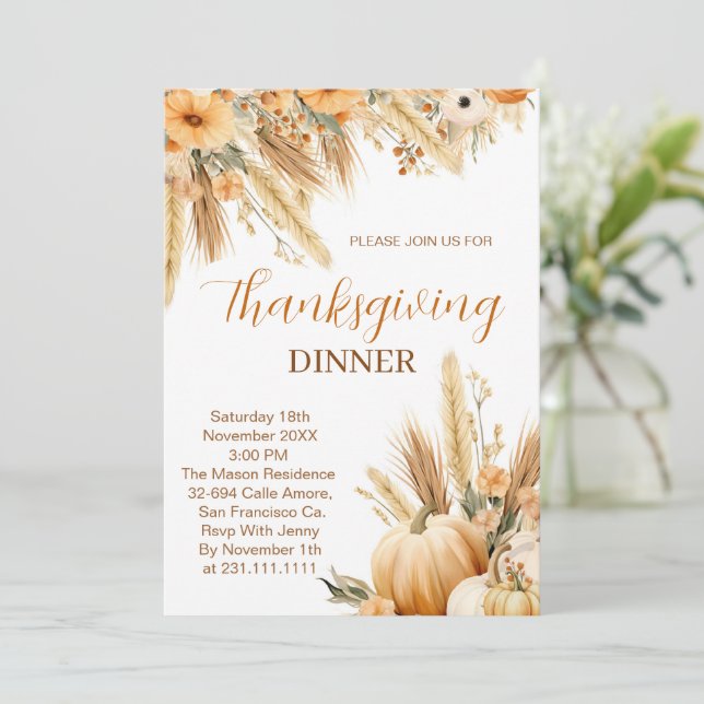 Invitación Boho Naranja Calabaza Cena de Acción de Gracias (Anverso de pie)