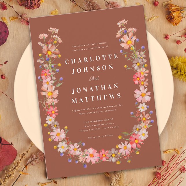 Invitación Boho Naranja de Flor Silvestre - Boda Caída (Elegant wildflower boho burnt orange terracotta wedding invitation )