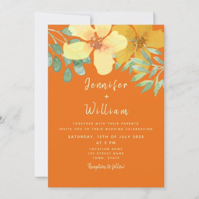 Invitación Boho Naranja Floral Boda (Anverso)