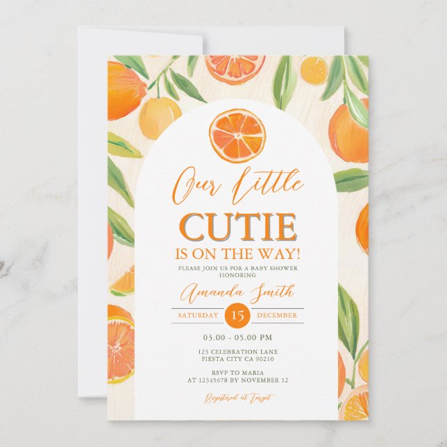 Invitación Boho Naranja Floral de Baby Shower Little Cutie (Anverso)