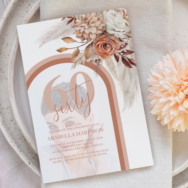 Invitación Boho Naranja Floral Quemada Foto 60 Cumpleaños (Subido por el creador)