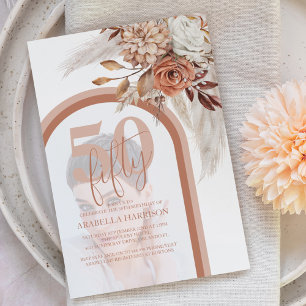 Invitación Boho Naranja Floral Quemado Cumpleaños 50 Fotograf