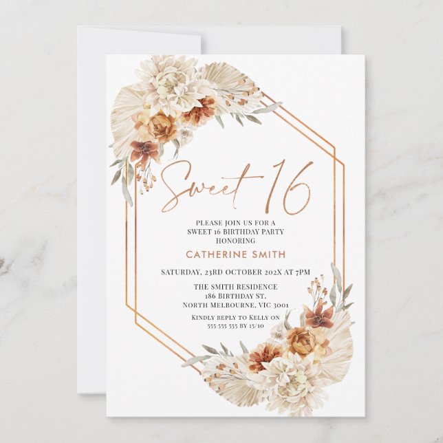 Invitación Boho Naranja Floral Sweet 16 Cumpleaños (Anverso)